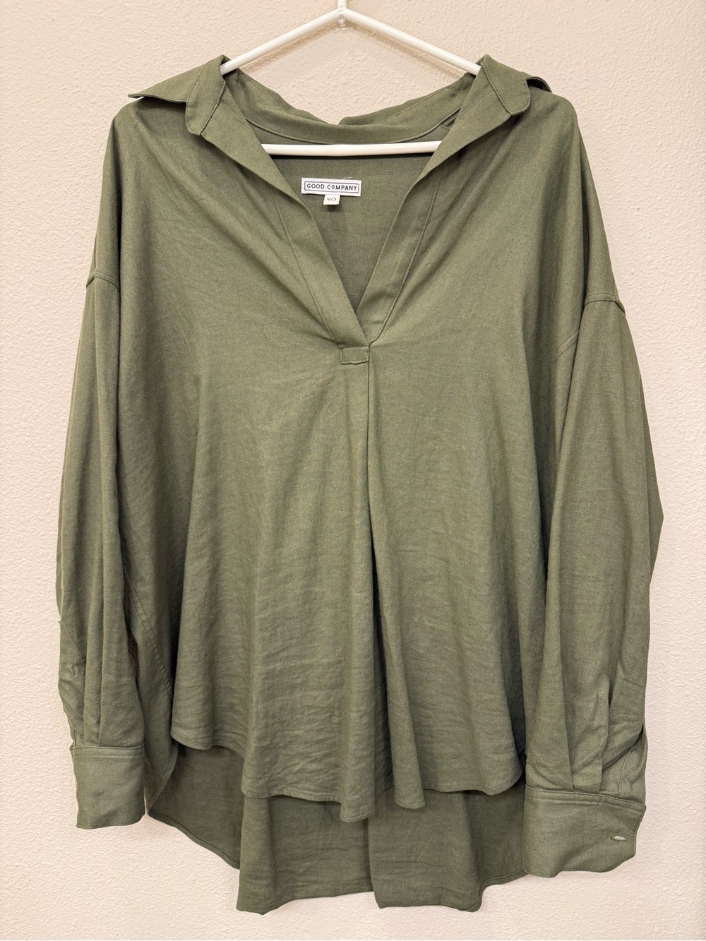 GOOD COMPANY linen high-low tunic blouse in olive green - One Size - $175 MSRP